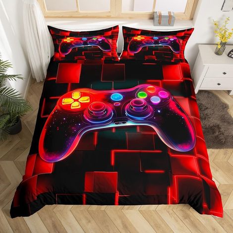 Housse de Couette Enfant Gaming Rouge, Parure de Lit 140x200 Ado Garcon Gamer Chambre Gaming, Sets de Housses de Couettes Jeux Vidéo, Couvre Lit Carrée Géométrique Lumineuse Au Néon - 140x200cm + 1 Ta (1/5)