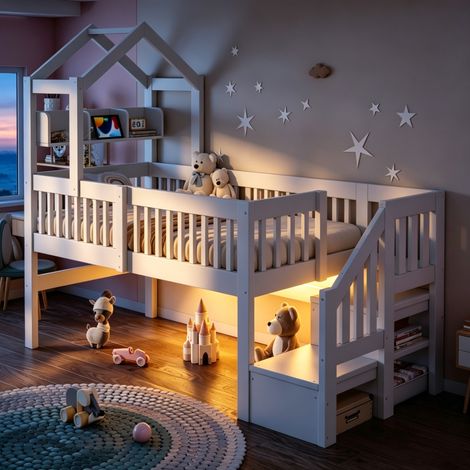 Lit mezzanine multifonctionnel en bois, 90x200cm, avec structure de toit, étagère de rangement, veilleuse avec port USB, blanc (1/5)
