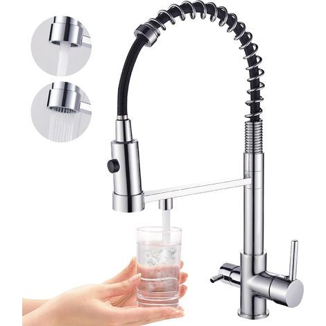 Rubinetto da cucina a tre vie, rubinetto da cucina estraibile, rubinetto per lavello in ottone, miscelatore con filtro acqua 3 in 1 (cromato) (1/5)