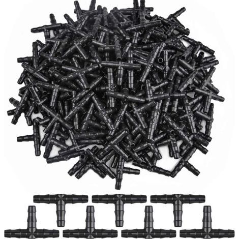 300 conectores en T de 3 vías, conectores de goteo de tres vías con púas, adaptadores de conectores en T para mangueras, sistemas de tuberías de goteo acanaladas de 4/7 mm. (1/5)