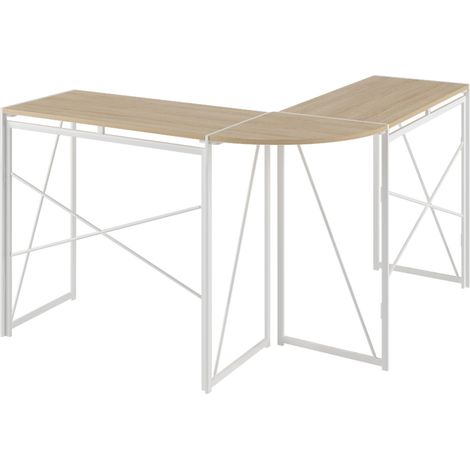 Scrivania angolare a L in metallo e MDF bianco effetto rovere (1/5)
