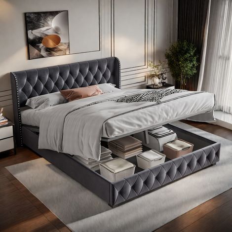 Lit adulte 160 x 200 cm en velour gris foncé–Cadre double 2 places–Tête de lit capitonnée–Structure robuste en acier–Design élégant et intemporel (1/5)