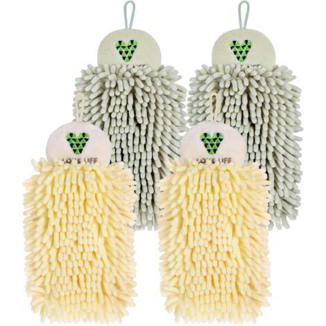 Lot de 4 serviettes à main en chenille à suspendre avec boules pelucheuses, serviettes à main en chenille pour salle de bain, serviettes à boules pelucheuses, beige et vert clair (1/4)