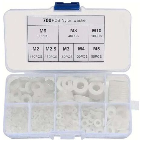 700 Pièces Blanc Nylon Rondelles Plastique, Isolation Rond Rondelle plate Assortiment Kit, M2 M2.5 M3 M4 M5 M6 M8 M10 Rondelle pour Mécanique