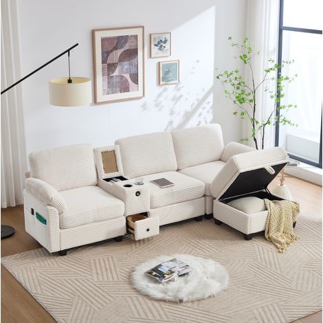 Canapé con otomana de pana beige 266x136x82 cm con consola móvil, USB-C y almacenaje (1/5)