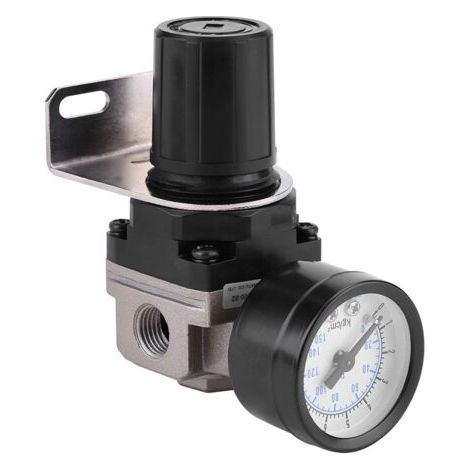 Rubberskin Régulateur de pression d'air, AR2000 G1 / 4 Compresseur à Commande Pneumatique avec Manomètre, 1/4" Soupape Jauge Réglable de Pression d'Air en Alliage d'aluminium avec Support (1/5)