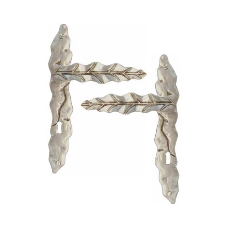 Ouvre&Déco – 2 poignées de porte FEUILLE entrée de clé, aluminium vieil argent entraxe 195 mm
