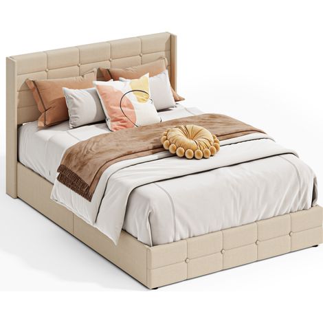 Cama Matrimonio Tapizada 140 x 200 cm Bealife con Canapé Hidráulico Cabecero Láminas de Madera y Estructura de Metal Beige