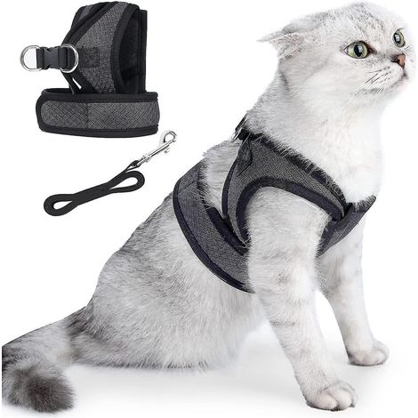 Harnais et laisse pour chat, ensemble gilet anti-fugue souple et réglable, respirant, léger et facile à contrôler pour les activités de plein air - Taille L - Noir (1/5)