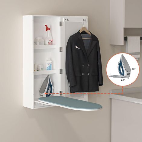 Meuble mural avec table à repasser pliable, miroir et étagères en MDF blanc OKWISH (1/5)