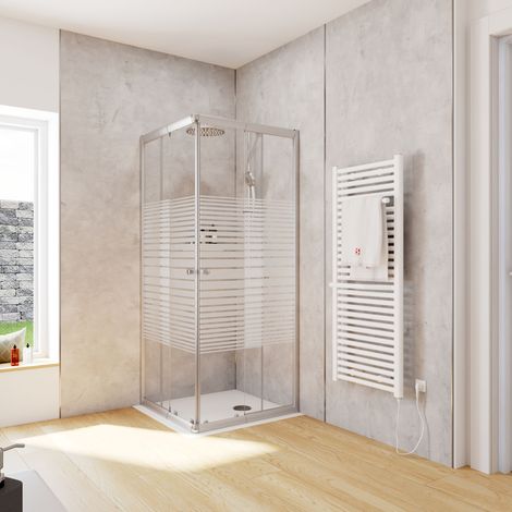 Schulte Duschkabine Corner Eckeinstieg mit Schiebetüren, Montage auf Duschwanne oder Fliese, Glas: 4 mm ESG Sicherheitsglas Dekor Querstreifen, Profil: Silberfarben, Größe: 75 x 75 x 180 cm (1/5)