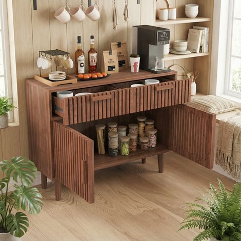 Kommode 100, 2 Türen 2 Schubladen, Sideboard 100, Lamellen-Design, Schrank für Wohnzimmer/Küche/Esszimmer, modern/skandinavisch(100x35x80cm, Nussbaumfarbe)