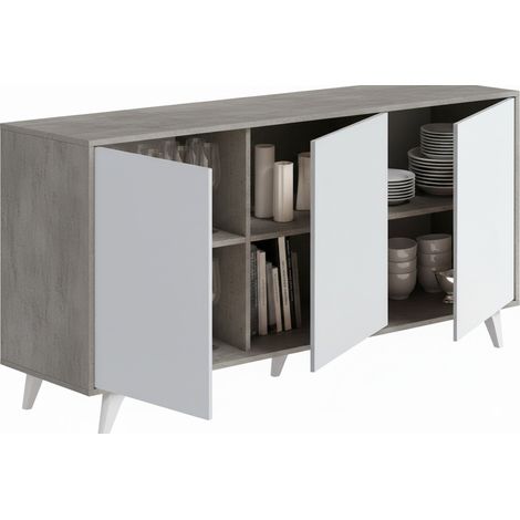 Dmora - Kommode Annina, Wohnzimmerbuffet, Wohnzimmer-Sideboard, Moderne Küchen-Speisekammer, 154x40h72 cm, Hellgrau und Weiß
