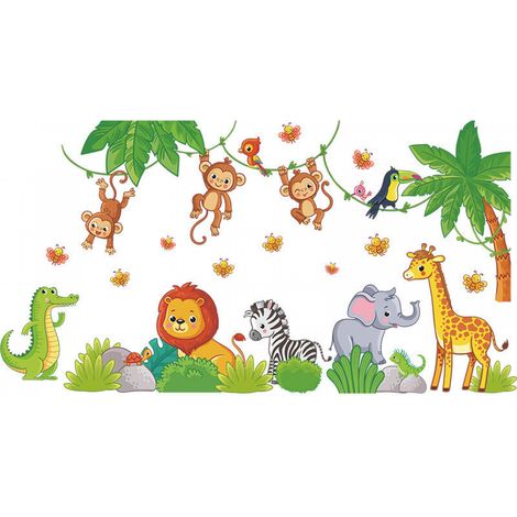 Autocollants Muraux Enfant écologique et hypoallergénique Effet Tissu Doux Repositionnables Jungle Zoo Savane Décoration Bébé Nouveau Pépinière Adhésif Papier Peint,53x100cm (1/5)
