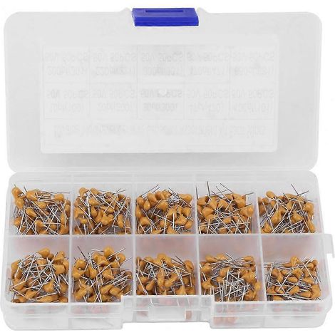 Kit assorti de 500 condensateurs céramiques monolithiques de 10 pF à 680 pF, 10 valeurs différentes. (1/5)
