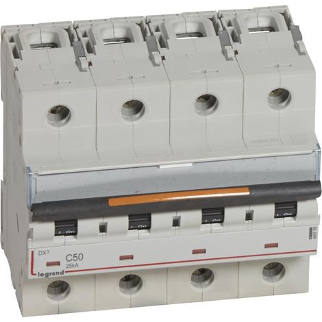 Disjoncteur DX³ 25kA arrivée haute et départ bas à vis 4 Pôles 400V 50A courbe C 6 modules LEGRAND 409799