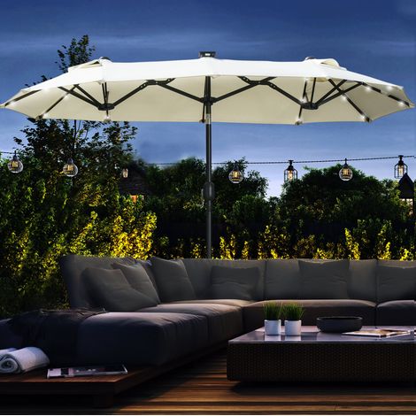 Sombrilla de jardín doble de poliéster beige, inclinable con manivela, LED solares, sin base (1/5)