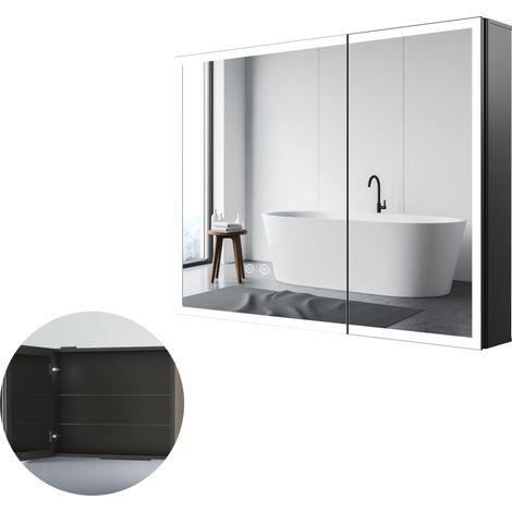 LED Spiegelschrank Bad mit Beleuchtung 80x60cm LED Badspiegel Spiegelschrank mit Beleuchtung, 3 Lichtfarben Dimmbar, Anti-fog, Memory-Funktion, und Verstellbare Glasablage,Schwarz (1/5)