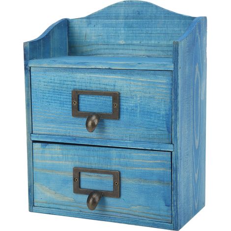 Organisateur cosmétique en bois bleu au design rétro, 3 niveaux, grande capacité, boîte à bijoux en bois polyvalente pour bijoux et cosmétiques (1/5)