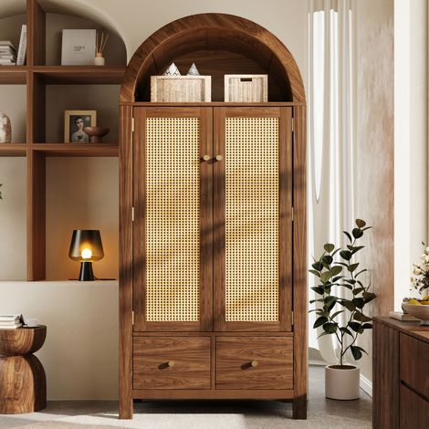 Armadio guardaroba 181x78x45 cm, arco con intreccio in rattan, 2 cassetti, asta appendiabiti, MDF e metallo, noce (1/5)