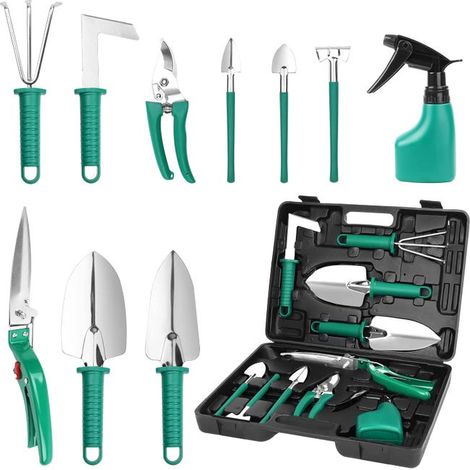 Un ensemble de 10 outils de jardinage avec une boîte de rangement, comprenant une pelle de jardin, un sécateur, une bêche et un arroseur. (1/4)