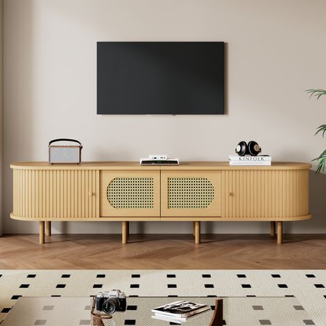 Mobile TV ovale 180x40x40 cm, mobile basso da soggiorno con design in rattan, MDF con finitura legno chiaro, 2 ante a battente + 2 ante scorrevoli (1/5)