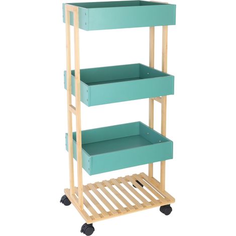 Relaxdays Carro, bambú/MDF, 4 estantes con ruedas, cocina/baño, 88 x 40 x 30 cm, natural/menta