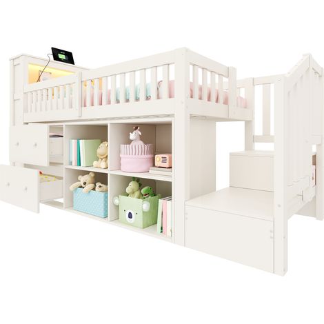 Letto a soppalco per bambini 90x200 cm in legno bianco, salvaspazio, senza materasso (1/5)