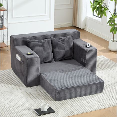 Divano pouf 151x133x64 cm con tasche laterali e 2 cuscini, velluto a coste grigio (1/5)