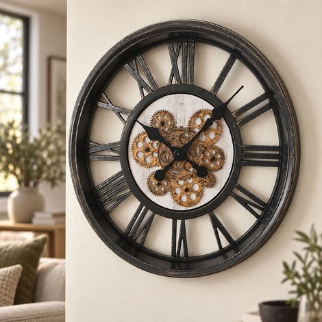 Wanduhr Uhr Küchenuhr schwarz bewegliche Zahnräder römische Ziffern D 50,8 cm (1/5)