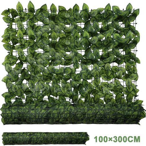 Randaco Siepe artificiale 1 x 3 m, frangivista estensibile con foglie di anguria stampate, pannello decorativo per balcone, terrazza e giardino, con 100 fascette da 10 cm