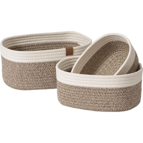 Paniers de rangement en corde tressée, petits paniers en coton tressé pour salle de bain et chambre d'enfant, ensemble de 3 paniers décoratifs, marron et blanc (1/5)