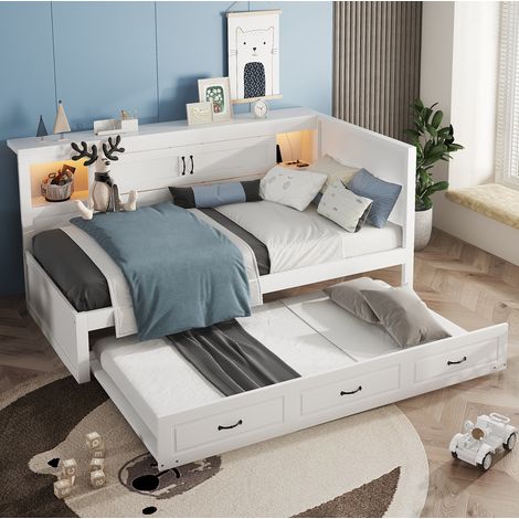 Lit gigogne 90x200 cm en panneaux, blanc, LED, petit espace, sans matelas – MEUBLIV (1/5)