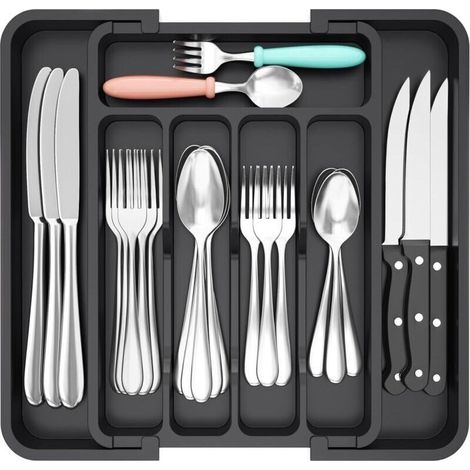 Noir Rangement Couvert pour Tiroir, Range Couvert Extensible, Organisateur Couverts Tiroir Cuisine, Boite Rangement, Bac Rangeme (1/4)