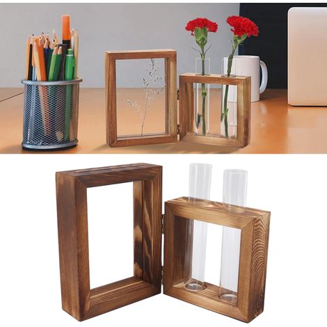 Station de propagation végétale en bois avec 2 tubes de verre, cadre bois hydroponie vase tube, pot plante table ornement aquatique. (1/5)