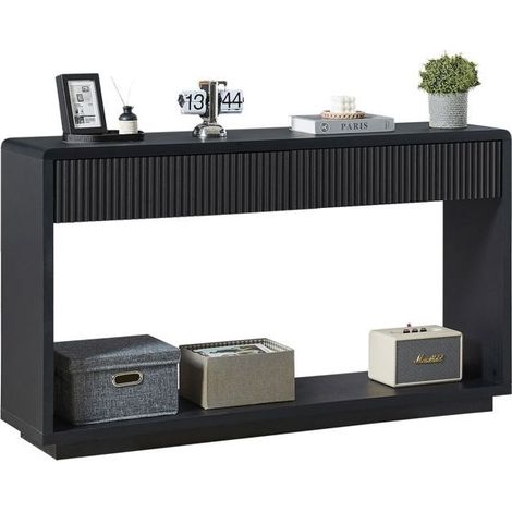 Meuble d'entrée - SOGEU - Design moderne - 150 cm - 2 tiroirs + compartiment ouvert - Finition noir charbon rainurée (1/4)