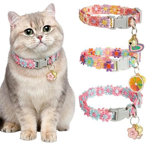 3 Pièces Kit Collier Chat, Broderie Florale Collier pour Chat, Colliers Chaton avec Mignon Pendentif (1/5)