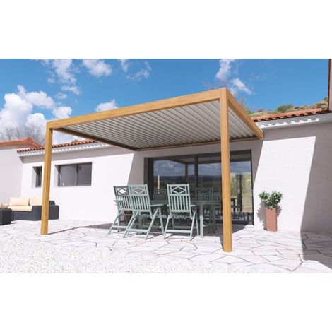 Pergola Bioclimatique Adossée Motorisée Éclairée Aluminium 4x3,5 Aspect Bois SV ORIAL France (1/5)
