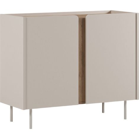 Meuble de rangement 2 portes en mélaminé beige et imitation bois avec découpe graphique bandeau - LIWENN