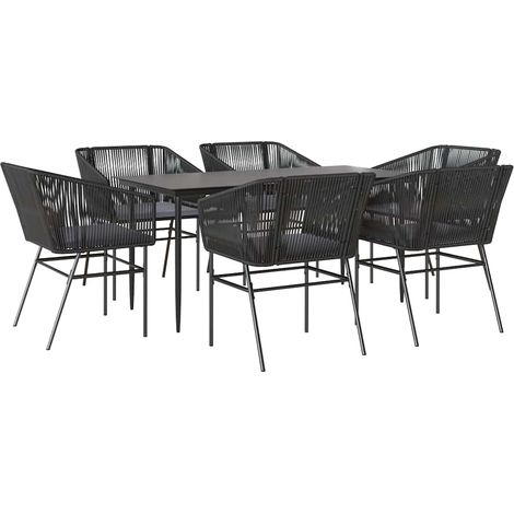 Ensemble à manger de jardin coussins 7pcs Mobilier de jardin noir poly rotin verre (1/5)