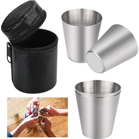 Set di 4 bicchieri portatili in acciaio inox - Bicchieri leggeri da 30 ml con custodia nera, ideali per viaggi e attività all'aperto. (1/5)