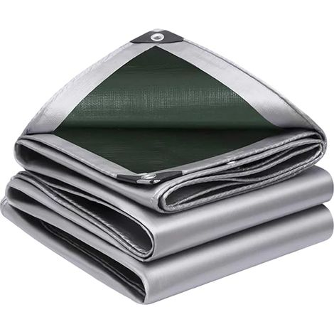 Waterproof Tarpaulin, 200 g/m² PE 3.5 x 4.5 m Outdoor Protective Tarpaulin, Anti-UV Tarpaulin, Truck Tarpaulin, with Eyelets for Pergola, Greenhouse, Waterproof Tarpaulin for Outdoors, Silver Green (1/5)