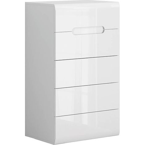Commode Chiffonnier à 5 tiroirs , coloris Blanc/Blanc haute brillance - Longueur 60 x Profondeur 41 x Hauteur 104 cm (1/5)