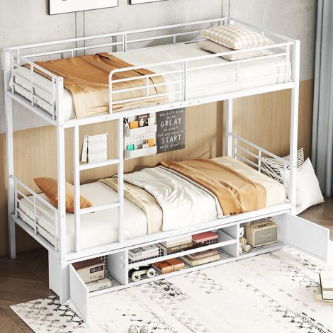 Etagenbett 90x200 cm Eisenrahmenbett mit Rausfallschutzgitter, seitlicher Leiter und offenem Schuhschrank, weiß (1/5)