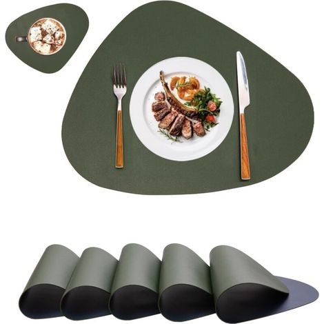 MUMU 6 Pcs Round Washable Placemats, Tableware Set, Double-Sided Waterproof Non-Slip Leather Placemats and Coasters, Heat Resistant Non-Slip Washable Placemats (Green Blue) (1/4)
