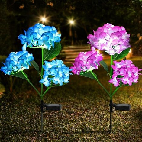 Solar-Lichterkette, 2 Stück, Solar-Gartenleuchten mit 3 Hortensienblüten, dekorative wasserdichte künstliche LED-Solarleuchten für Terrasse, Hof, Garten (blau und lila)