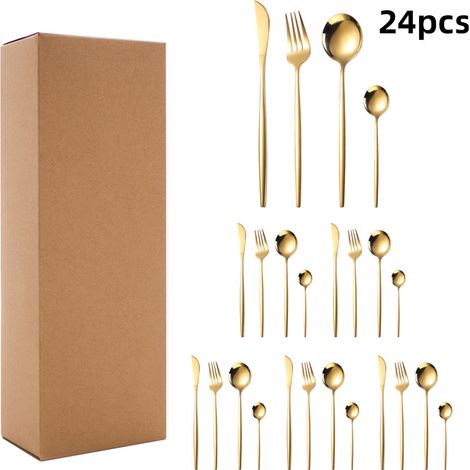 (Ensemble de 24 pièces - doré) Ensemble de couverts en acier inoxydable (couteaux, fourchettes, cuillères)