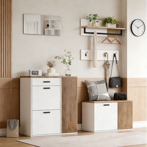 Schuhschrank Set für den Flur (85x36x85 cm), mit Spiegel, Haken und Regal, klappbarer Schuhschrank, Spanplatte, Weiß Eiche (1/5)