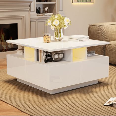 Tavolino da caffè 70x70x40 cm bianco in truciolare lucido con LED, 4 cassetti e design geometrico (1/5)
