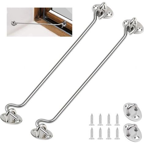Lot de 2 crochets anti-tempête avec œillet et vis, fixation de porte en acier inoxydable de 250 mm pour usage intérieur et extérieur, argent (1/5)